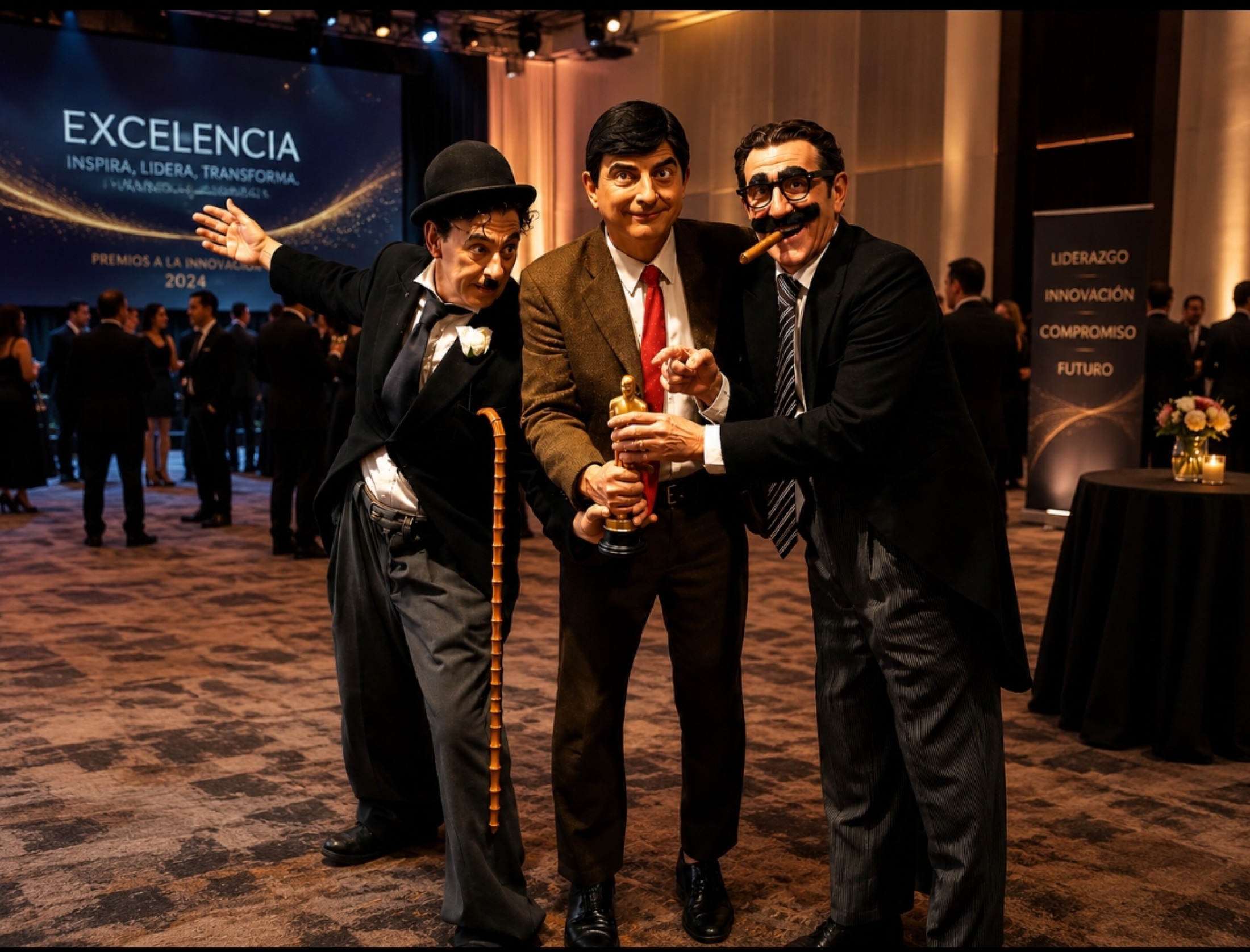 Tres personajes de cine en una entrega de premios.